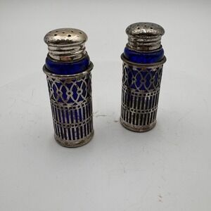 Vintage Cobalt Blue Glass‎ Salt Pepper Shakers Ornate Silver Plate Holders Japan